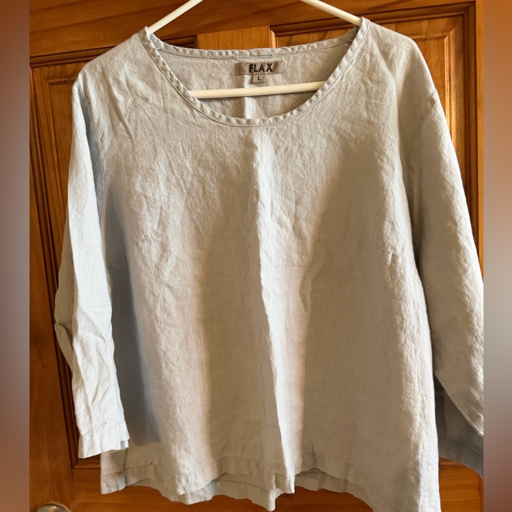 Flax Light Blue Linen Scoop Neck Top with 3/4 length sleeves